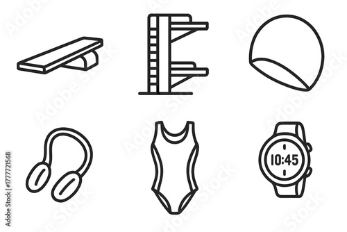 Diving Equipment Icons. Line style icons of diving equipment: springboard icon, high platform structure, swim cap, nose clip,