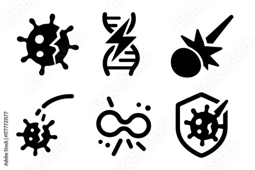Cancer Cell Disruption. Solid style icons of cancer cell disruption via plasma: cell with fractured edges, disrupted DNA icon,