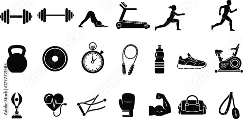 Collection of black fitness and gym equipment icons and silhouettes isolated on transparent background