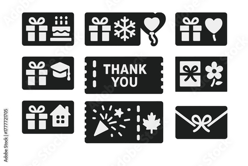 Solid Gifting Icons. Solid style icons of gifting occasions: birthday present card, holiday voucher, wedding gift card,