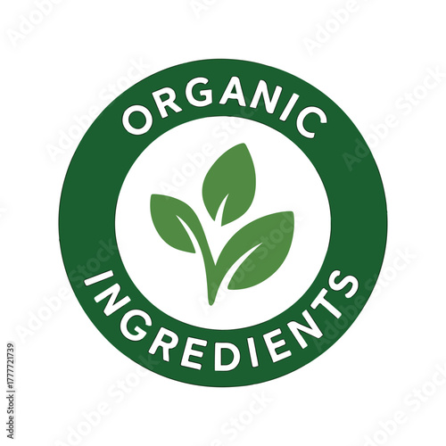 Green circular emblem signifying organic ingredients with a sprouting plant in the center