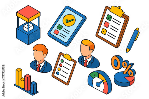 Vibrant Voting Graphics. Isometric vector illustration set Voting and elections – exit poll kiosk, tablet survey, question list;