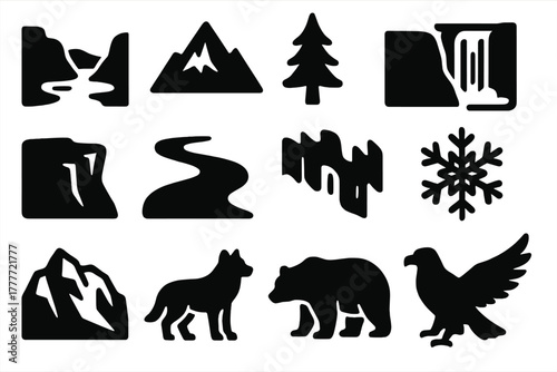 Nordic Nature Icons. Solid style icons of Nordic nature: fjord, mountain, pine tree, waterfall, cliff, river, aurora borealis,