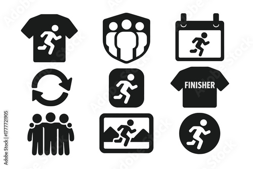 Reverse Run Icons. Solid style icons of reverse run community: team T-shirt icon, social group badge, matching bib panel. Club