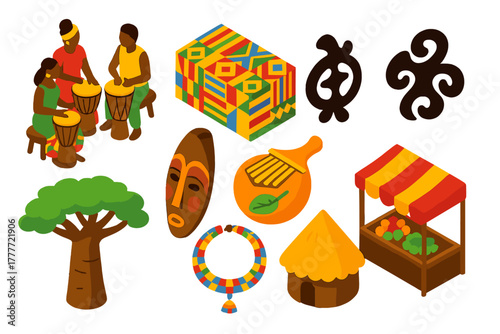 African Cultural Icons. Isometric vector illustration set Cultural heritage – African drum circle, kente cloth, adinkra symbol;