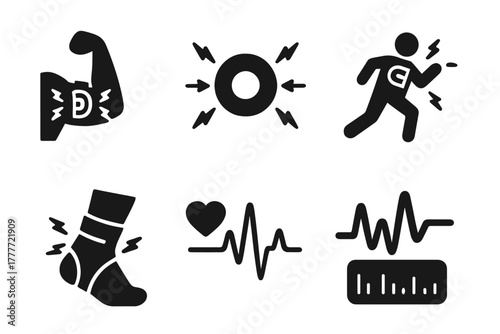 Athletic Recovery Icons. Solid style icons of athletic recovery with magnets: post-workout band, muscle recovery disc, performance