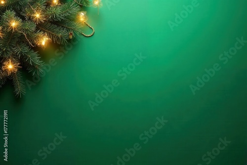 Christmas tree branch with festive lights on a green background. Holiday winter season concept with copy space for text
