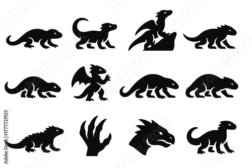 Lizard-Dragon Icon Series. Solid style icons of lizard-like dragons: dragon crawling, dragon walking, dragon climbing rock, dragon