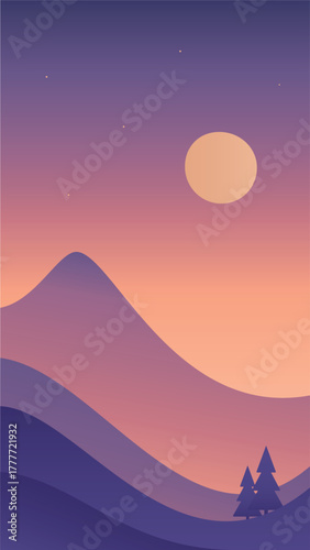 Minimalistic mountains landscape of dawn or sunset in Scandinavian style. Gradient vector design in purple colors. Hand drawn original illustration