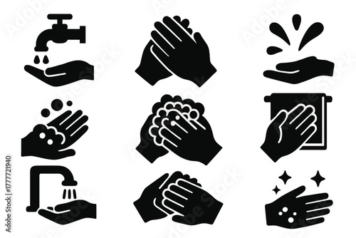 Hand Hygiene Icons. Solid style icons of Washing hands: hand under tap, rubbing hands, water splash, soap lather, drying hands,