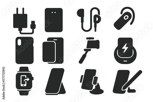 Smartphone Accessory Icons. Solid style icons of smartphone accessories: phone charger, power bank, earphones, Bluetooth headset,