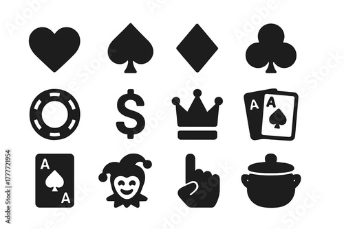 Poker Icons Collection. Solid style icons of Poker symbols: heart icon, spade icon, diamond icon, club icon, chip icon, dollar