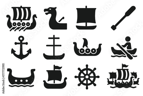Viking Ship Icons. Solid style icons of Viking ships: longship, dragon prow, sail, oar, anchor, mast, Viking boat, rowing motion,