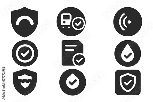 Plasma Safety Icons. Solid style icons of safety and regulation in plasma medicine: safety shield over arc, approved device badge,