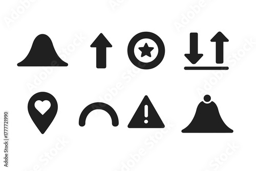 Hormetic Dose Icons. Solid style icons of hormetic zone dosage: bell curve icon, stress dose arrow, optimal range ring. Too little