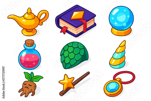 Mythical Object Icons. Isometric vector illustration set Mythology and folklore – magic lamp, enchanted book, crystal ball; potion