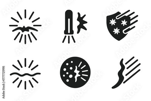 UV and Plasma Therapy. Solid style icons of UV + plasma combo therapies: plasma arc with UV rays, dual-mode treatment icon,