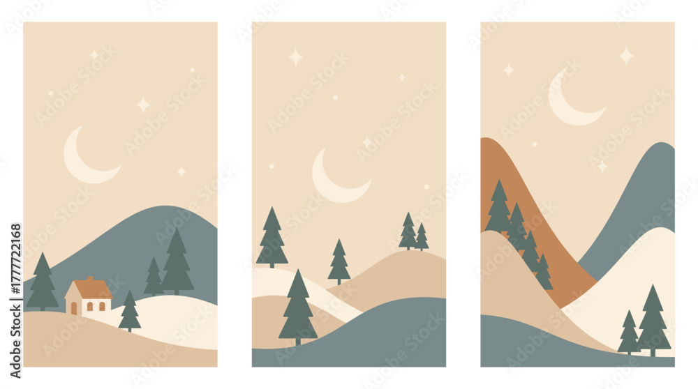Fototapeta premium Set of Nordic minimalist landscapes. Winter mountains, moon and stars in warm colors. Hand drawn original vector illustrations.