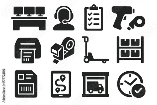 Dispatch Operations Icons. Solid style icons of dispatch operations: control center desk, headset operator, checklist clipboard,
