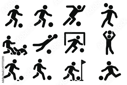 Solid Soccer Actions Icons. Solid style icons of Soccer actions: dribble, pass, shoot, header, tackle, save, goal kick, throw-in,