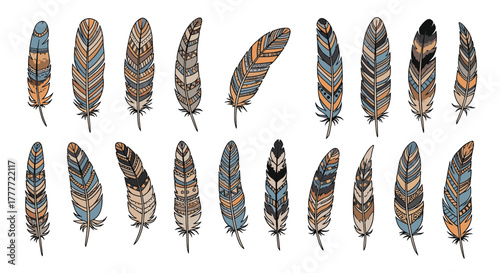 Stylized vector illustration of bohemian-inspired decorative feathers in natural and muted colors, featuring intricate patterns.