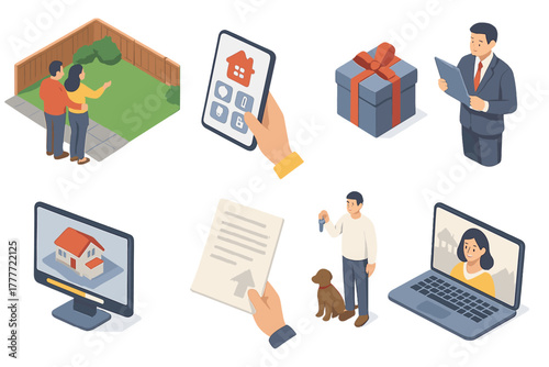 Real Estate Moments. Isometric vector illustration set of Real Estate: couple viewing backyard space, smart home tablet setup,