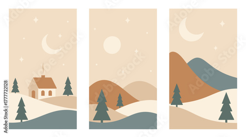Set of Nordic minimalist Christmas landscapes. Winter mountains, moon and stars in warm colors. Hand drawn original vector illustrations.