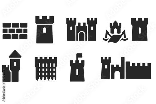 Medieval Castle Icons. Solid style icons of Medieval castles and fortifications: stone wall, castle tower, gatehouse, drawbridge,