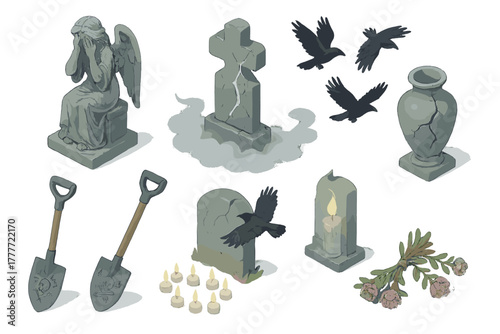Mysterious Graveyard Legends. Isometric vector illustration set of Urban legends: graveyard statue crying, old gravestone with