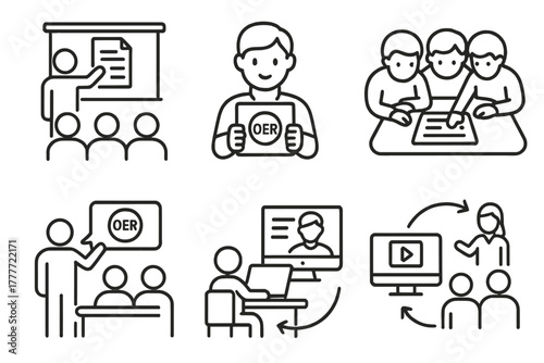 OER Classroom Dynamics. Line style icons of OER usage in classrooms: teacher projecting slide, student reading OER tablet, group