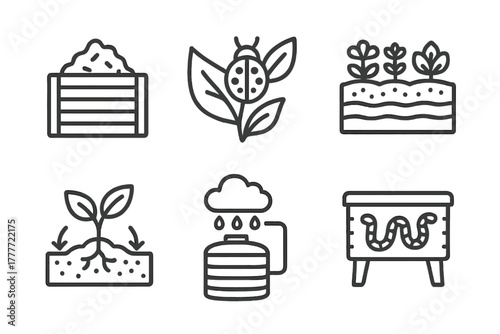 Regenerative Farming Icons. Line style icons of regenerative local farming: compost back icon, natural pest control, polyculture