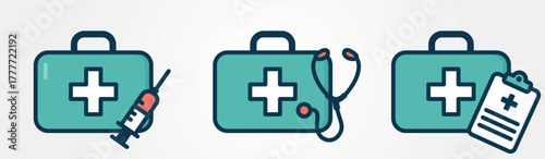First aid kit icon set. Emergency and medical symbols. Isolated vector color images. Hand drawn original illustrations.