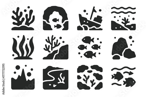 Diving Environment Icons. Solid style icons of Diving environment: coral reef, underwater cave, shipwreck, sandy ocean floor, kelp