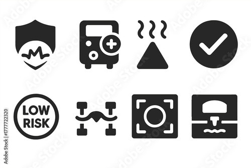 Plasma Safety Icons. Solid style icons of safety and regulation in plasma medicine: safety shield over arc, approved device badge,