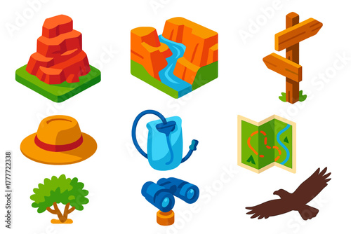 Isometric Hiking Icons. Isometric vector illustration set Hiking trails – red rock ledge, canyon vista, signpost; hiking hat,