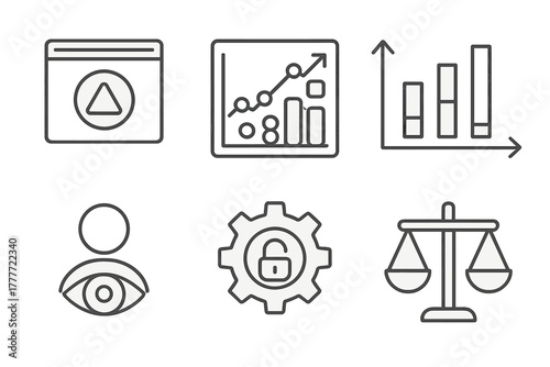 Ethical AI Icons. Line style icons of ethical AI design considerations: transparency symbol, bias detection chart, fairness graph