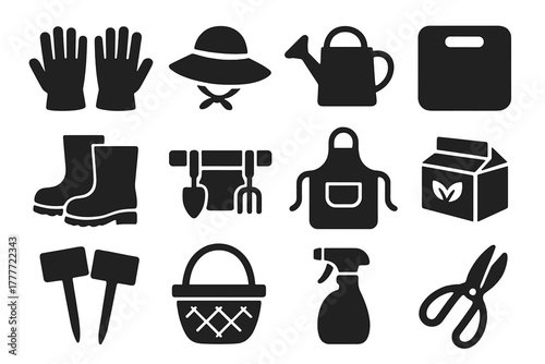 Gardening Tools Icons. Solid style icons of Gardening accessories: gloves, sun hat, watering can, kneeling pad, garden boots, tool