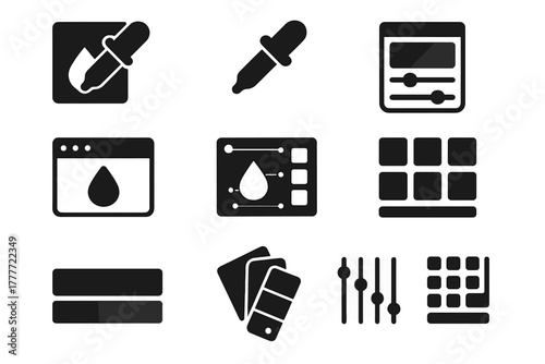 Digital Design Icons. Solid style icons of Digital design: color picker tool, eyedropper icon, gradient editor, design app window,