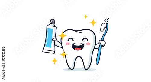 Bright and happy cartoon tooth encourages good oral hygiene with a sparkling smile, holding a toothbrush and toothpaste.