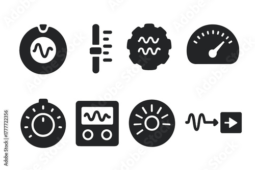 Frequency Modulation Icons. Solid style icons of frequency modulation controls: dial with wave symbol, frequency slider icon,