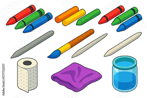 Colorful Art Supplies. Isometric vector illustration set Art supplies – watercolor crayons, oil pastels, wax crayons; blending
