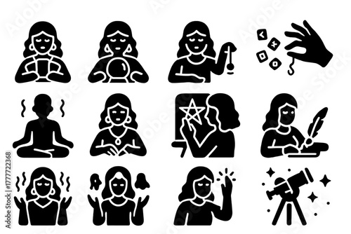 Psychic Action Icons. Solid style icons of Psychic actions: reading cards, gazing into crystal, holding pendulum, casting runes,