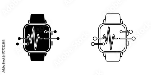Two icons of a smartwatch displaying a heart rhythm or waveform, one filled black and one outlined