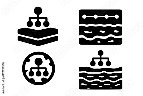 Organizational Layers Icons. Solid style icons of organization layers: department strata icon, structural timeline, operational