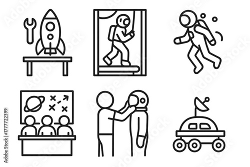 Space Camp Icons. Line style icons of space camp activities: rocket build station, astronaut training drill, low-gravity walk icon