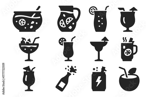 Party Drinks Icons. Solid style icons of party drinks: punch bowl, sangria pitcher, sparkling soda, fruit cocktail, mocktail glass