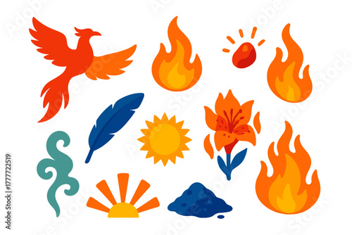 Mythical Phoenix Icons. Isometric vector illustration set Mythology and folklore – phoenix silhouette, flame plume, ember spark;