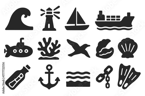 Solid Ocean Icons. Solid style icons of ocean: big wave, lighthouse, sailboat, cargo ship, submarine, coral reef, seagull,