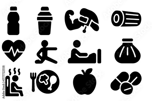 Health and Recovery Icons. Solid style icons of Health and recovery: water bottle, protein shake, muscle massage, foam roller,