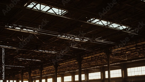 Gazing up at the majestic ceiling of a vast, desolate industrial hall, an architectural marvel of steel trusses and sunlight